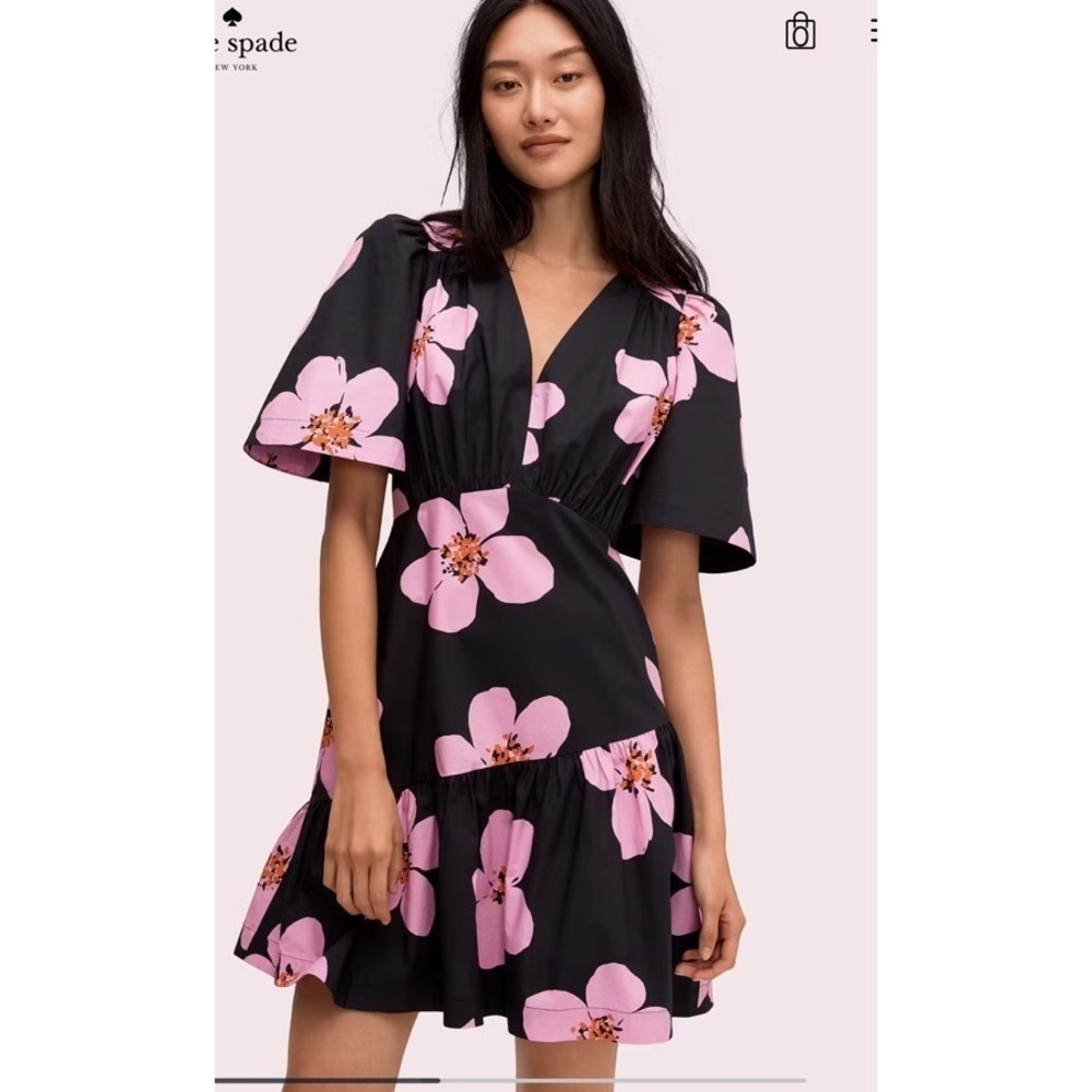 Kate Spade Grand Flora Dress Flutter Sleeve Midi Pink Flower Women's 2 MSRP $348